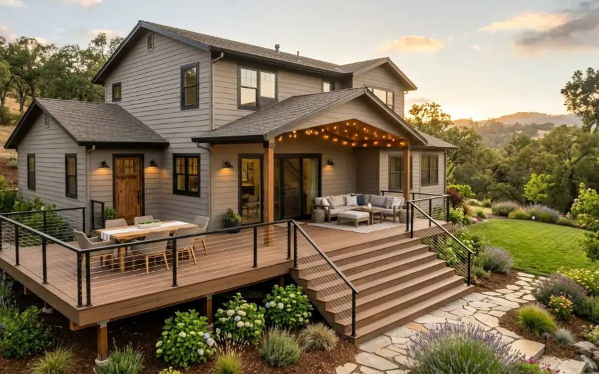 Elevated deck with steel railings attached to a Northern California home