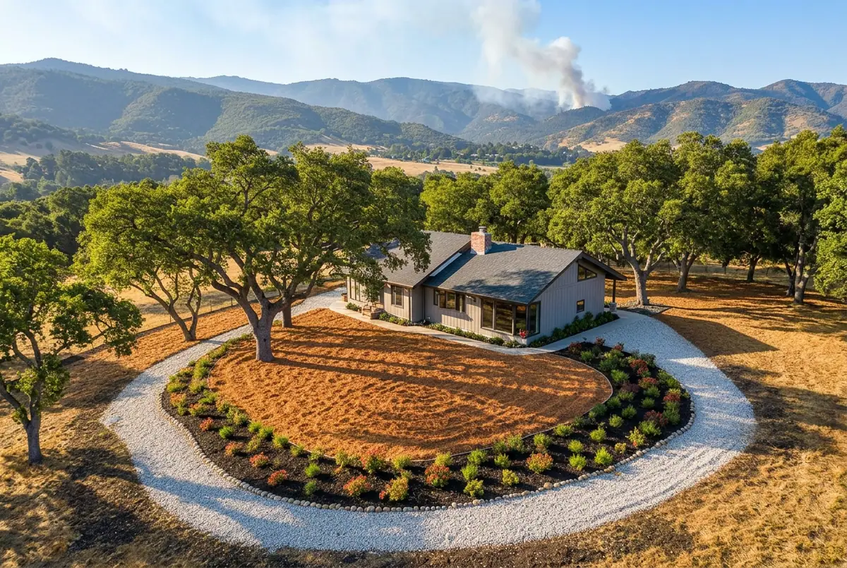 Rural Shasta County home with cleared defensible space and a noncombustible perimeter